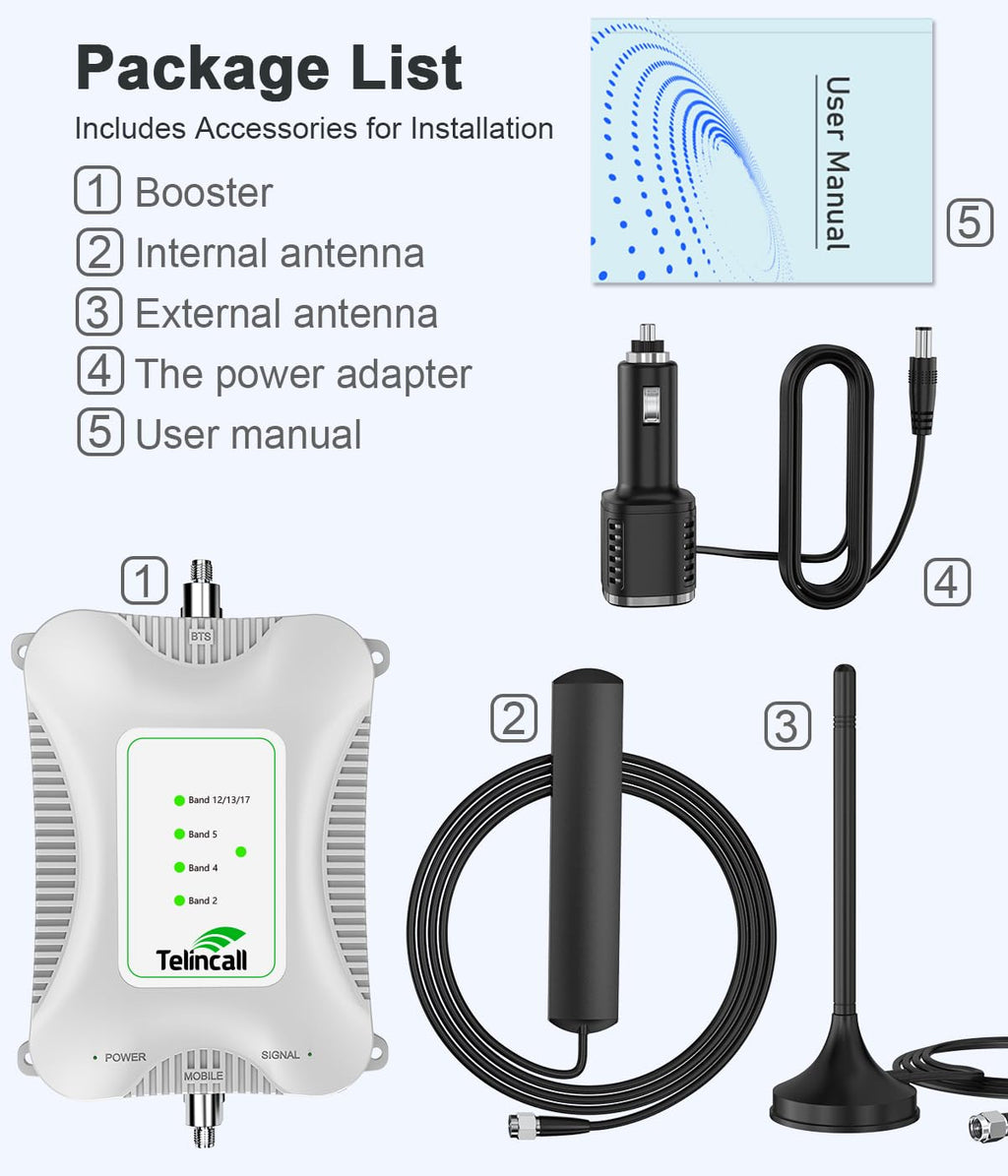 Cell Phone Signal Booster for Car, SUV, Van, 5G/4G LTE 3G for Band 2/4/5/12/13/17/25, Vehicle Cell Phone Booster Compatible with All U.S. Carriers-Verizon, AT&T, T-Mobile & More, Boost Voice & Data
