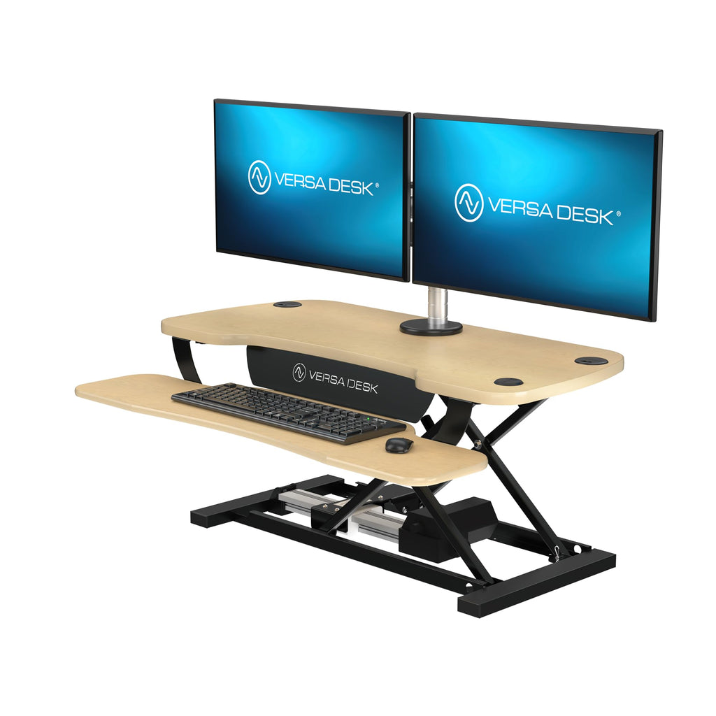 PowerPro 40 Inch Electric Standing Desk Converter – Push-Button Height Adjustable Sit to Stand Desk Riser for Triple Monitors & Laptop – Motorized Desktop Workstation with Wide Keyboard Tray