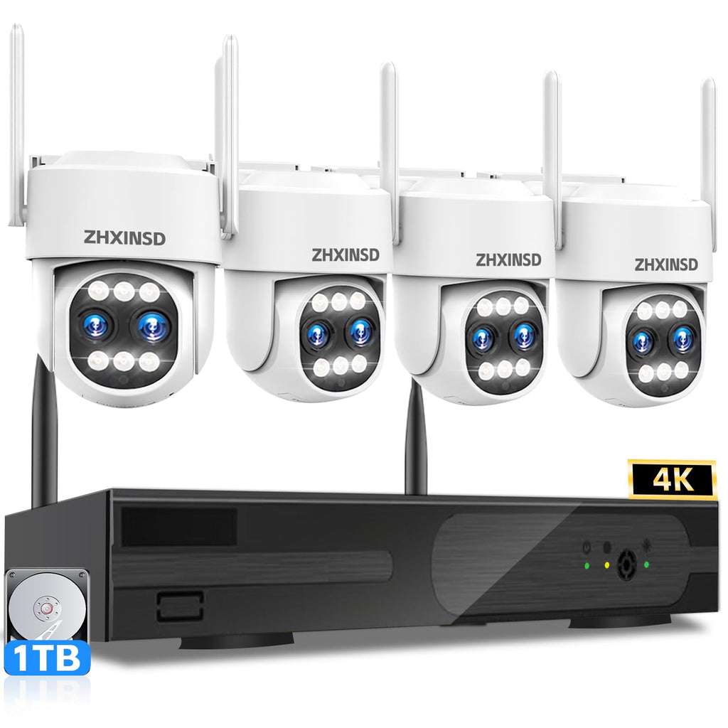Wireless Security Camera System Outdoor: Dual Lens 6MP 10X Hybrid Zoom Auto-Track PTZ 4PCS 4K 10CH DVR with 1TB HDD for Home Security
