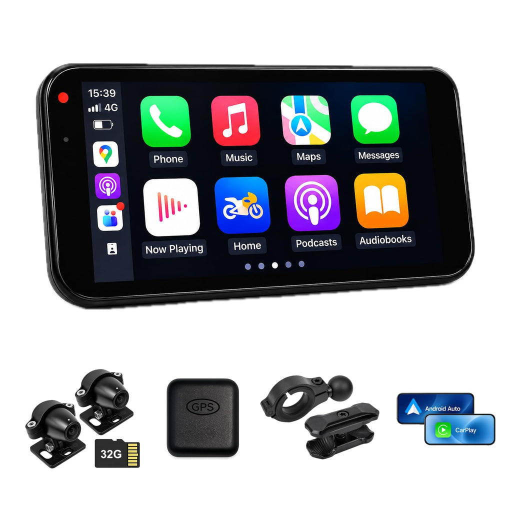 A-ONE Pro Motorcycle Wireless Navigation Projection with Ultra-Bright QLED 6.1” Touchscreen Display, Dual 1080P Cameras, CarPlay & Android Auto System, GPS Tracking, IP67 Waterproof