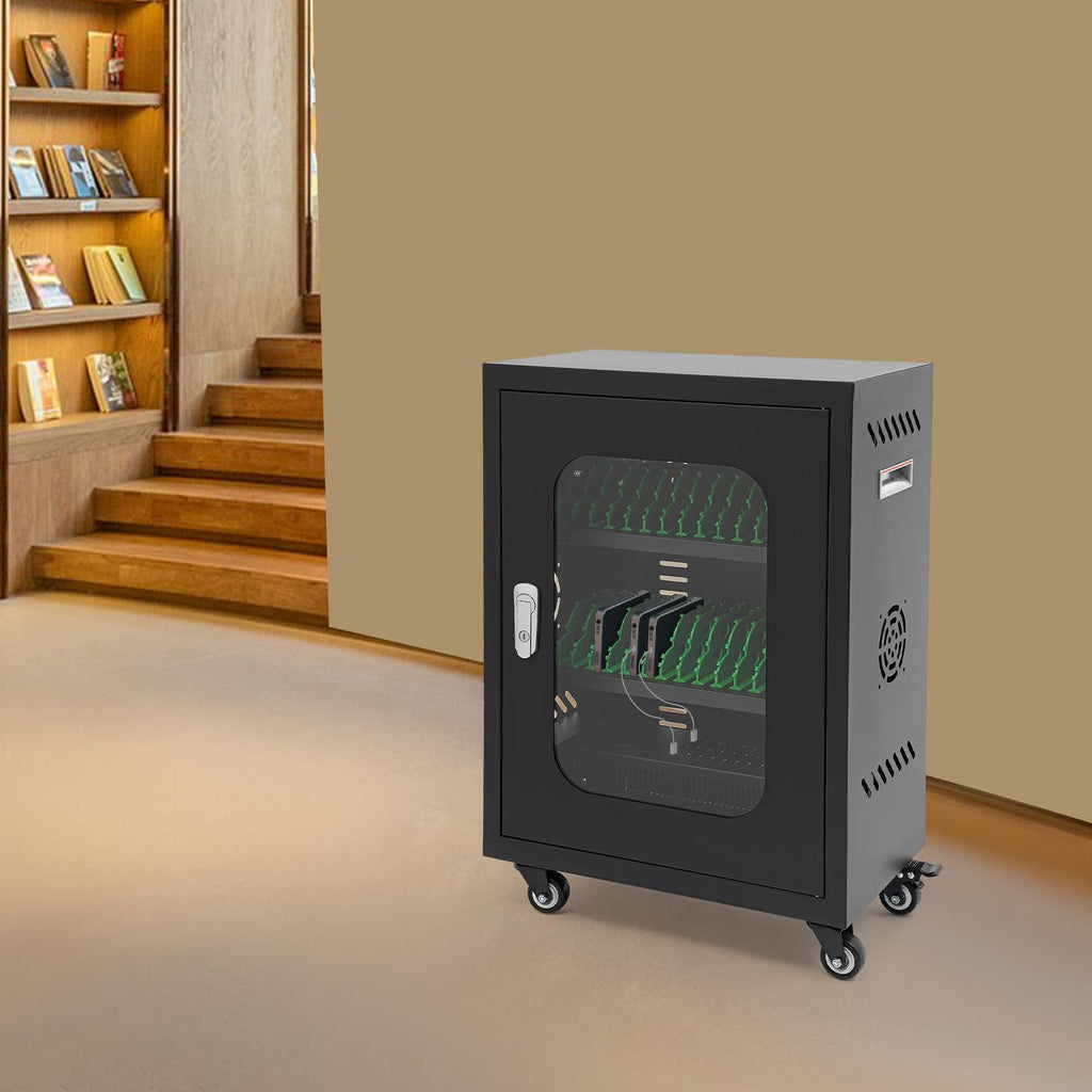 30 Slots Cell Phones Charging Station, Rechargeable Cellphone Locker Storage Charging Station, Mobile Charging Cart with Charging Ports, Wheels & Combination Lock (Black)