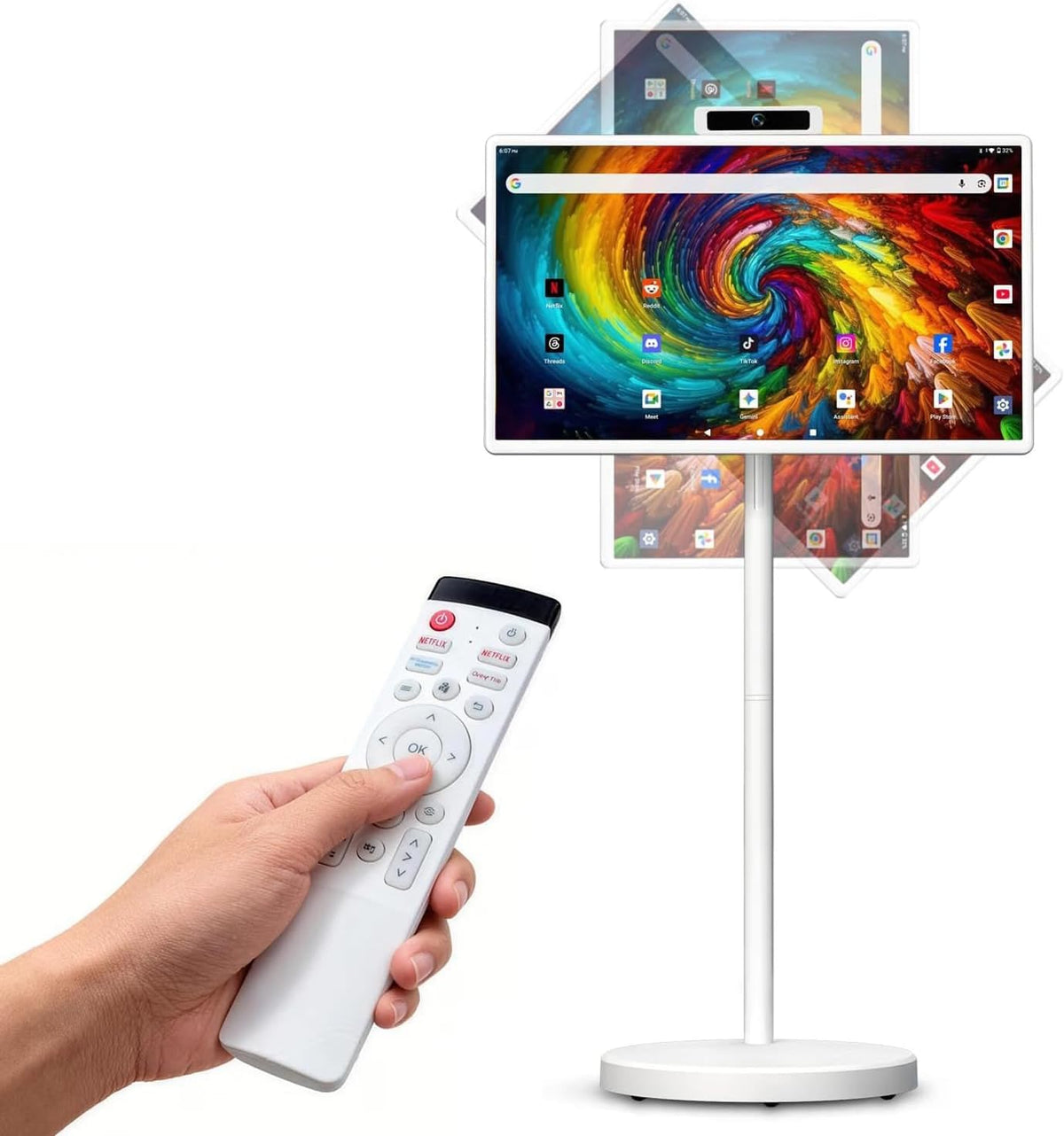 27" Portable Smart Touchscreen Tablet TV on Wheels, Android 15 OS Mobile Smart Display with Google EDLA Certification, 6GB+128GB, Built-in Battery, 4K Camera, Wireless Casting, Rotating Rolling Stand