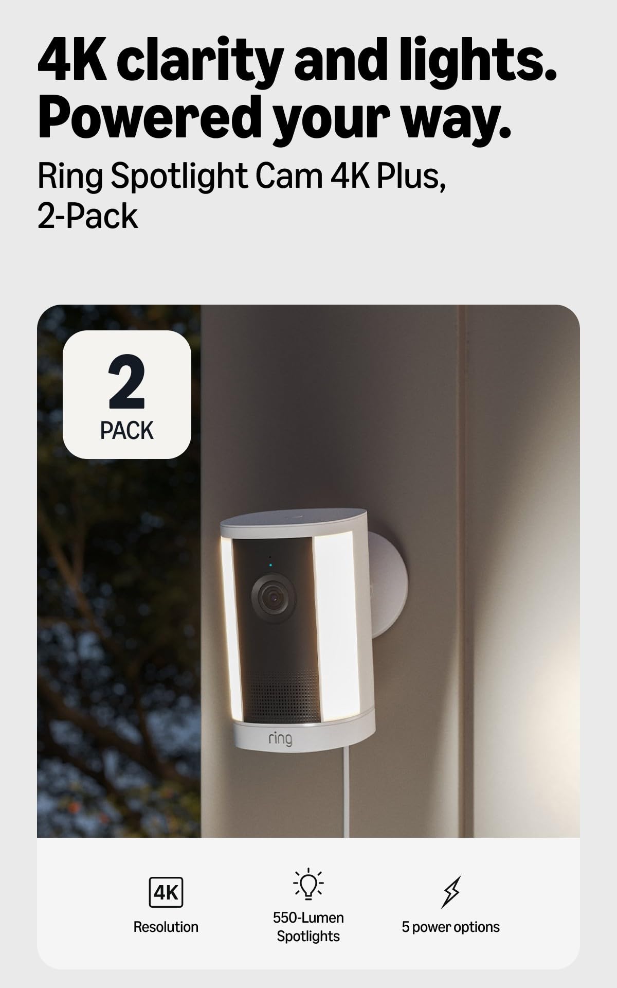 Ring Spotlight Cam 4K Plus, Battery, Retinal 4K, Easy DIY install, Motion-Activated Spotlights, Home or business security, White