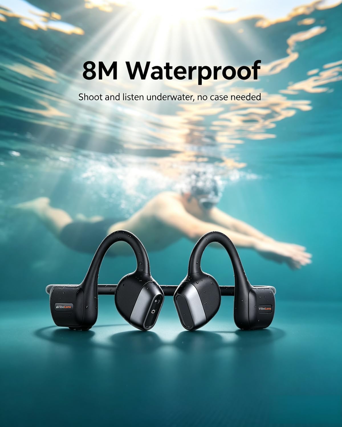 Open-Ear Bone Conduction Sport Headphones with Camera, IP68, Black