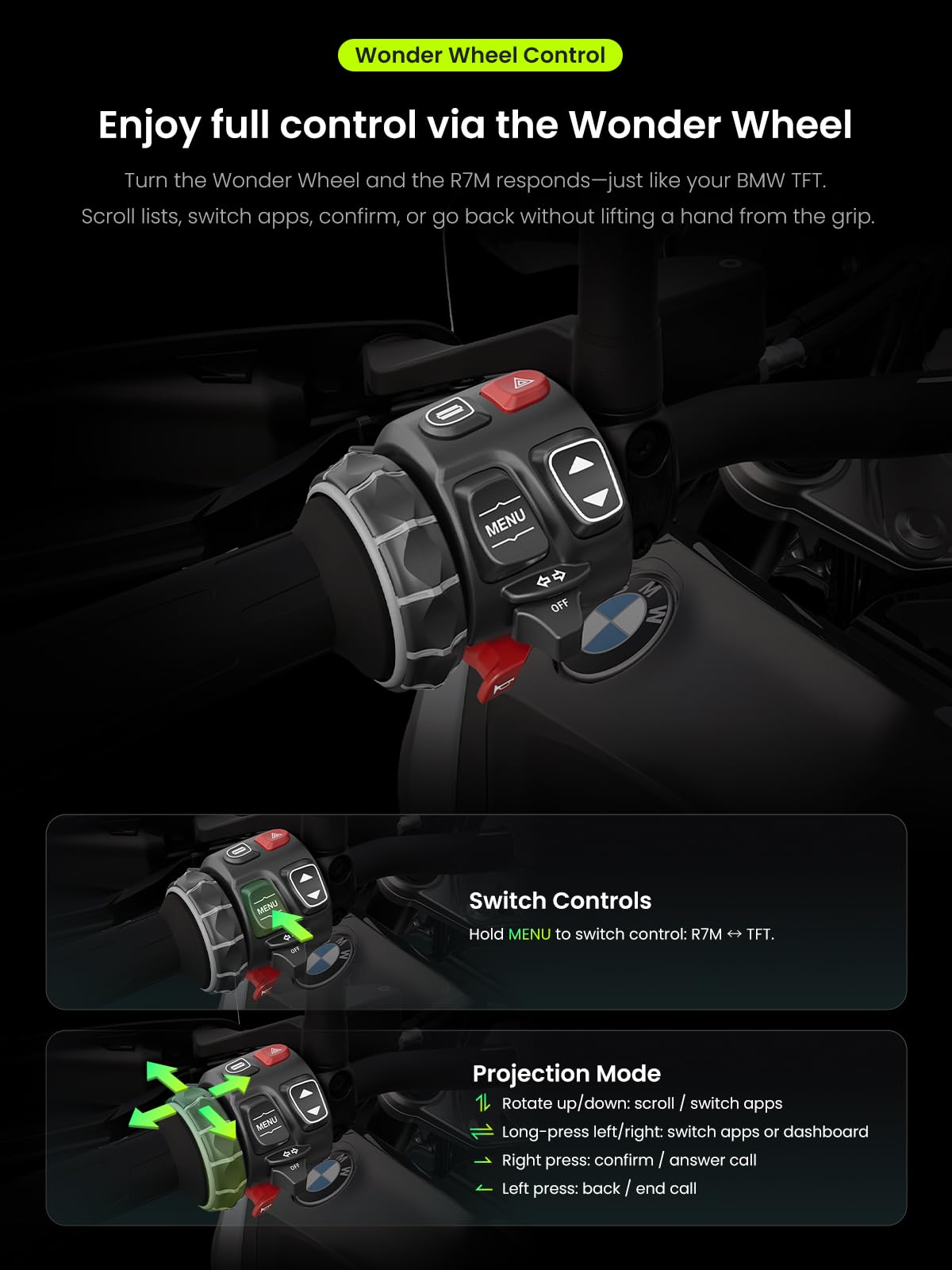 R7M 7" Wireless Motorcycle CarPlay & Android Auto for BMW Motorcycles - Native Wonder Wheel & Action Camera Control (GoPro/Insta360)| TPMS/RPM| OTA Updates|1200-Nit IP69K GPS | Nav Prep 5/6