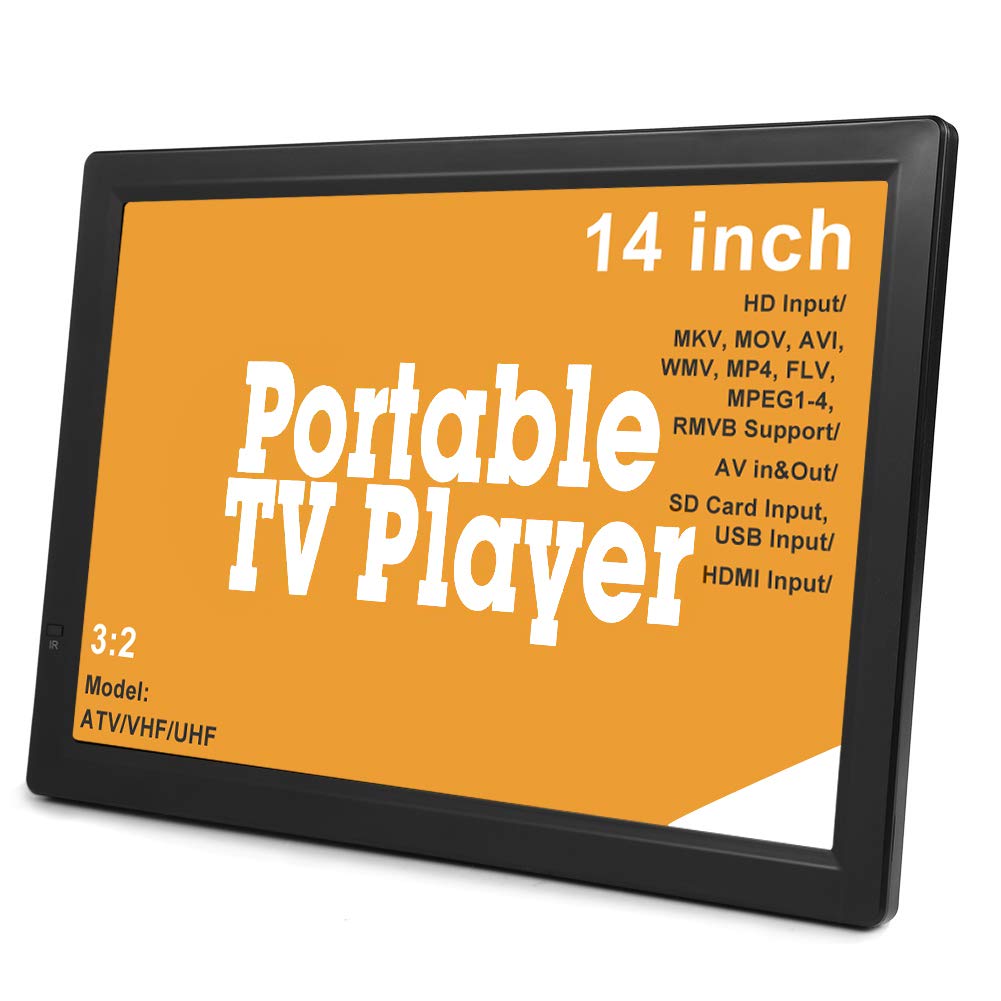 Small Digital TV, 14 Inch Digital Television Rechargeable ATSC TFT Portable TV HD Video Player 110-220V US for Home Car