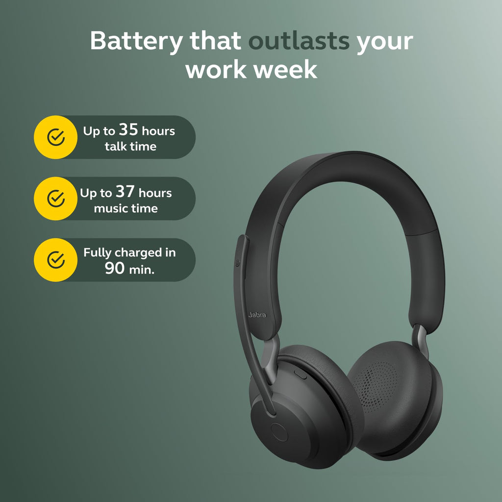 Jabra Evolve2 65 Bluetooth Wireless Headset with Mic for Calls and Music, Dual-Ear Headphones with USB-C Adapter, Up to 37 Hours Battery, Noise-Cancelling, Works with Online Meeting Apps, Black