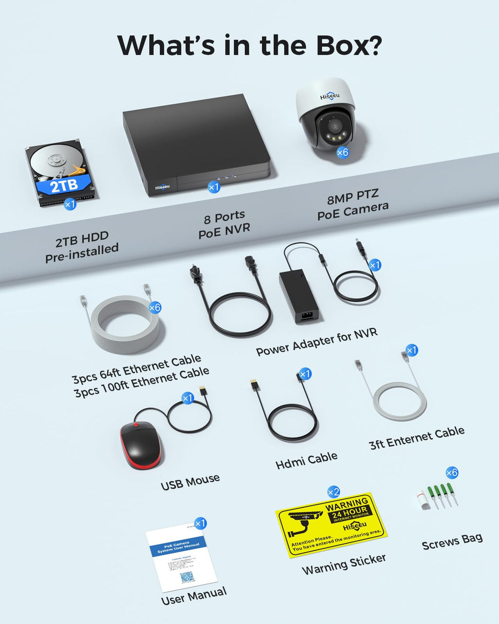【360°View】 Hiseeu 4K PoE PTZ Security Camera System，6 Pcs Security Cameras