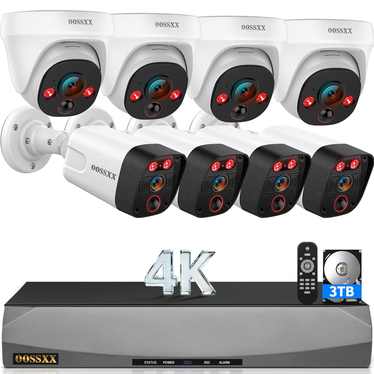OOSSXX 4K Wired PoE Security Camera System Outdoor, 8CH 4K NVR 3TB HDD