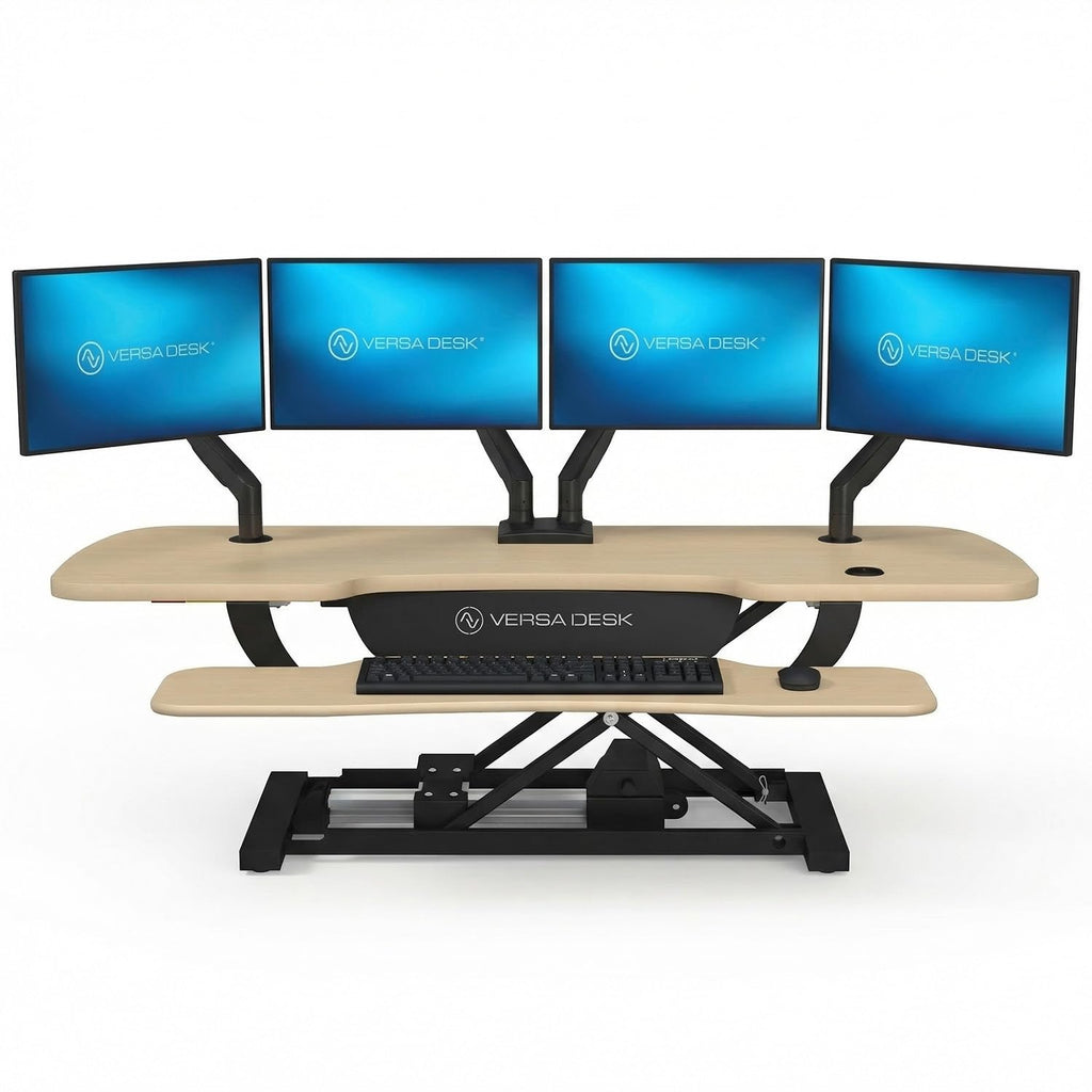 PowerPro 40 Inch Electric Standing Desk Converter – Push-Button Height Adjustable Sit to Stand Desk Riser for Triple Monitors & Laptop – Motorized Desktop Workstation with Wide Keyboard Tray