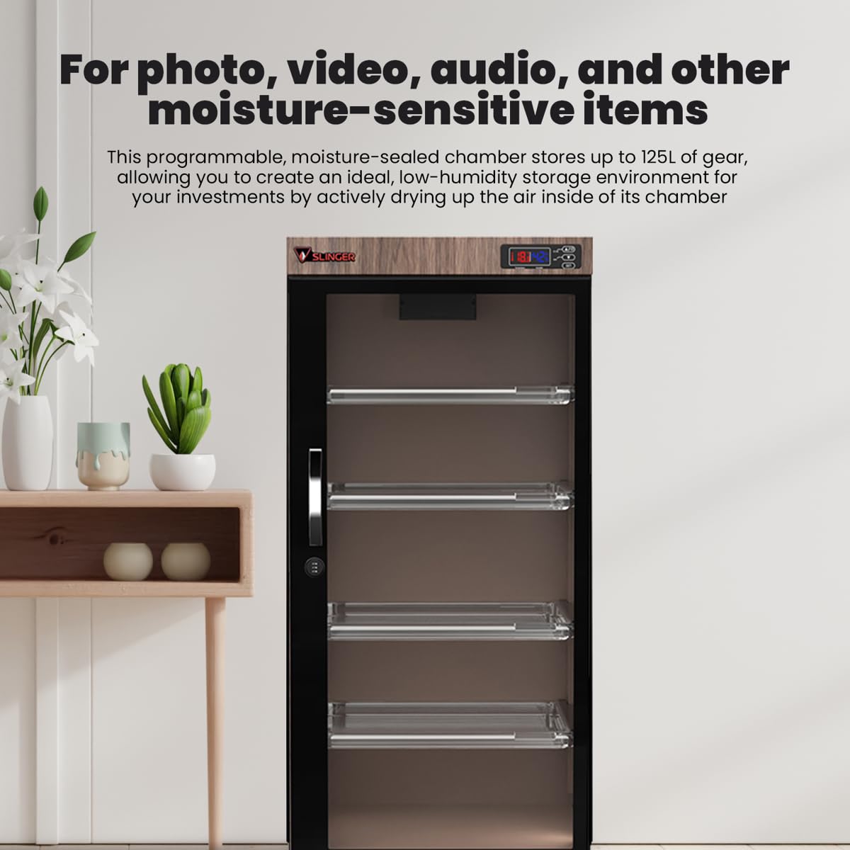 125L Electronic Dry Cabinet with Combination Lock (Oak) – Humidity Controlled Camera Storage, LED Display, Adjustable Shelves for Cameras, Lenses & Electronics