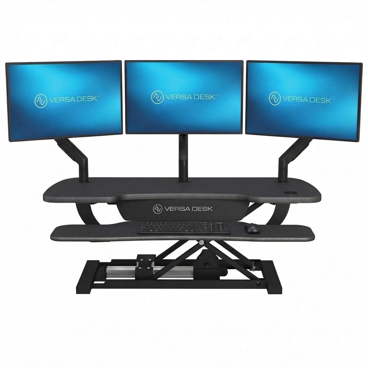 PowerPro 40 Inch Electric Standing Desk Converter – Push-Button Height Adjustable Sit to Stand Desk Riser for Triple Monitors & Laptop – Motorized Desktop Workstation with Wide Keyboard Tray
