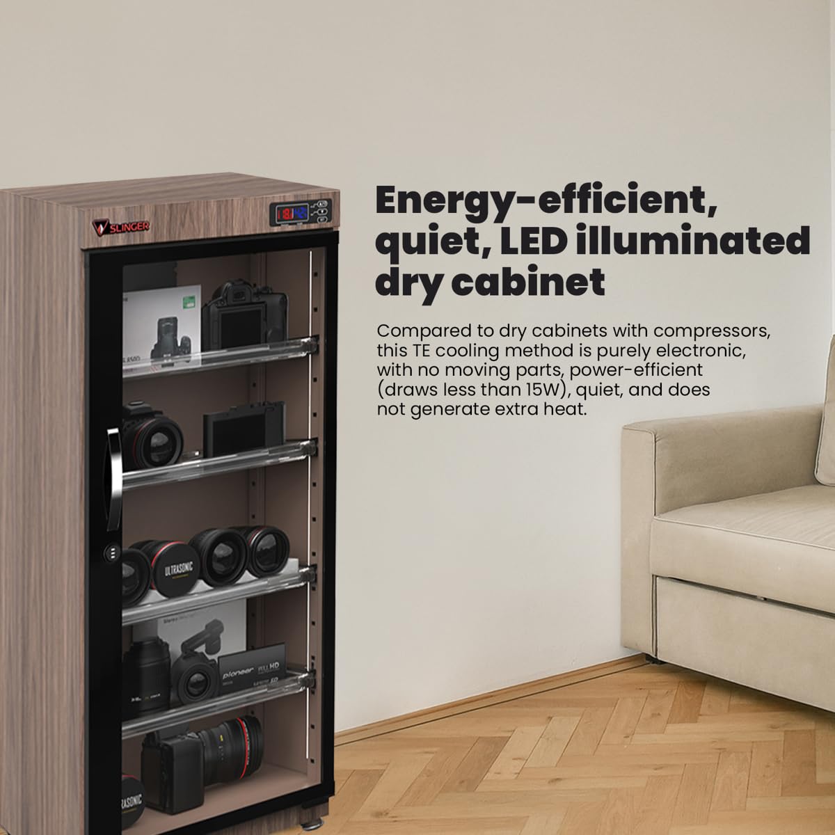 125L Electronic Dry Cabinet with Combination Lock (Oak) – Humidity Controlled Camera Storage, LED Display, Adjustable Shelves for Cameras, Lenses & Electronics