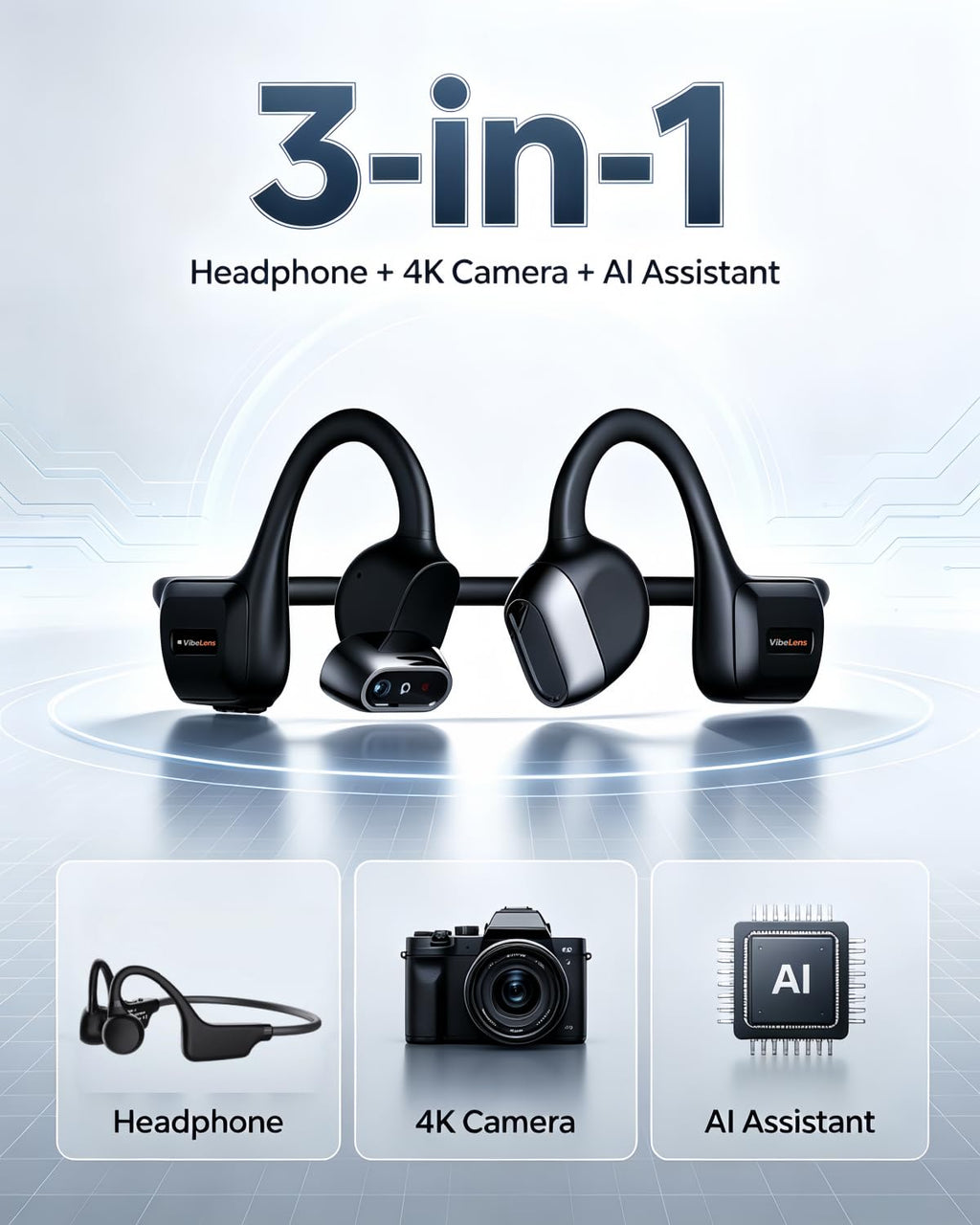 Open-Ear Bone Conduction Sport Headphones with Camera, IP68, Black