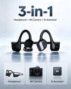 Open-Ear Bone Conduction Sport Headphones with Camera, IP68, Black