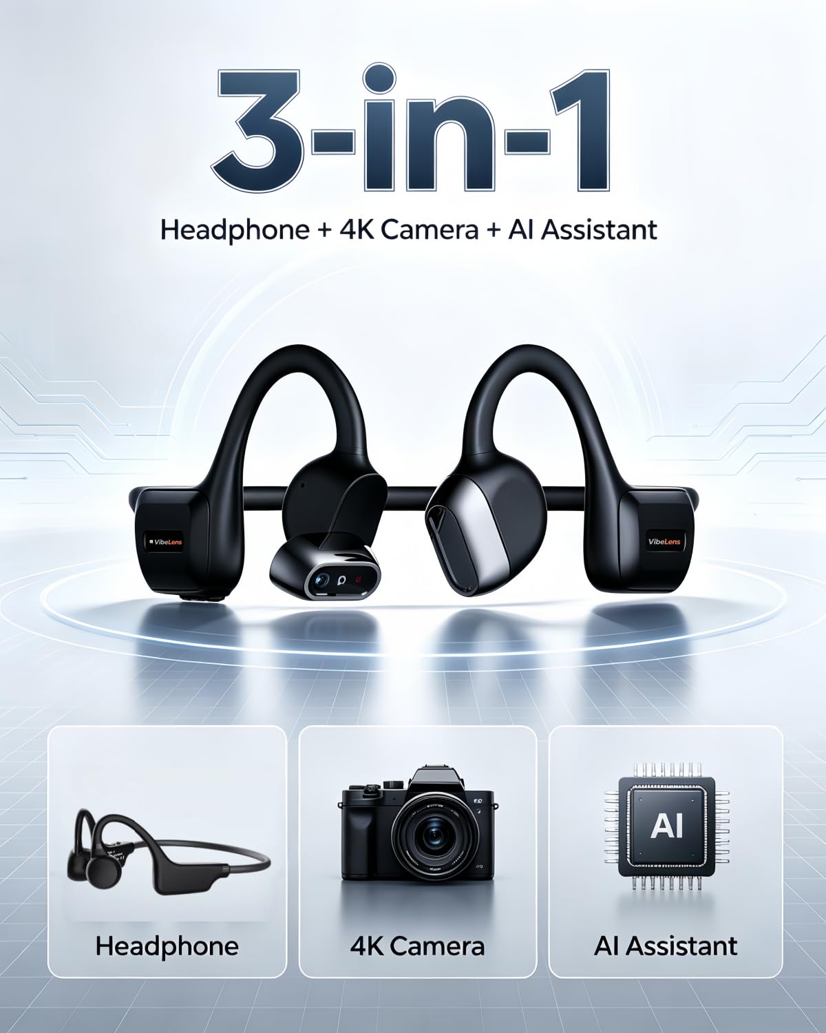 Open-Ear Bone Conduction Sport Headphones with Camera, IP68, Black