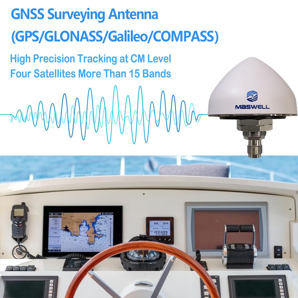 Maswell GNSS Navigation Surveying Antenna, High Precision CM Level GPS (L1/L2/L5), GLONASS (G1/G3), Galileo (E1/E5a/E5b), Beidou (B1/B2), and QZSS (L1/L2/L5) for Vehicle Marine Boat Drone