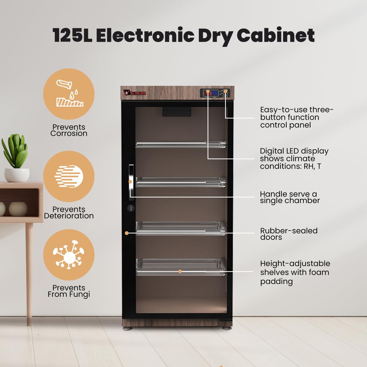 125L Electronic Dry Cabinet with Combination Lock (Oak) – Humidity Controlled Camera Storage, LED Display, Adjustable Shelves for Cameras, Lenses & Electronics