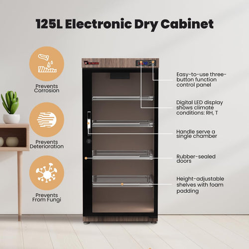 125L Electronic Dry Cabinet with Combination Lock (Oak) – Humidity Controlled Camera Storage, LED Display, Adjustable Shelves for Cameras, Lenses & Electronics