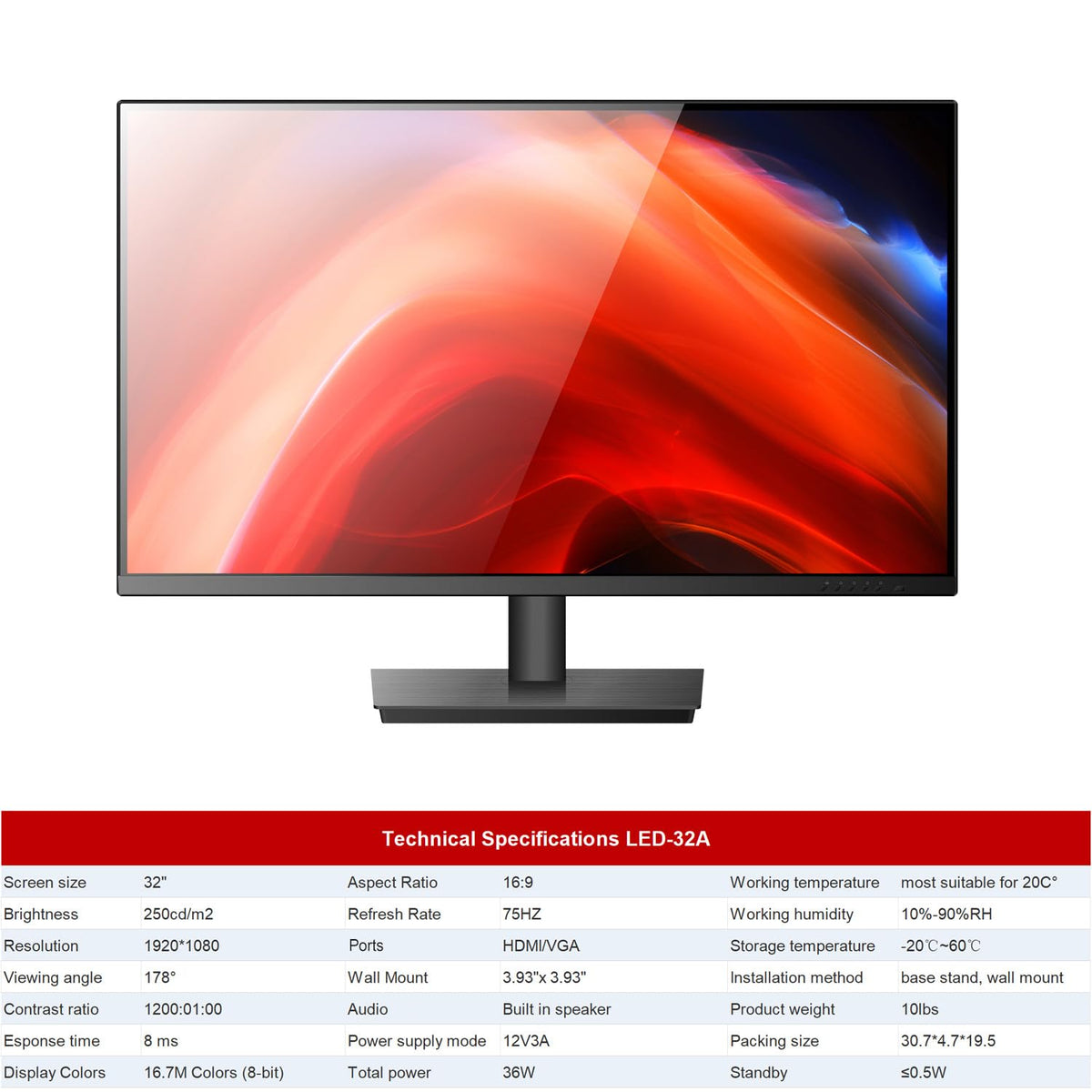 32 Inch FHD 1080P CCTV Security Monitor, Thin LED Screen Computer Monitor, 75Hz Refresh Rate with HDMI VGA and Speaker for Surveillance NVR/DVR System