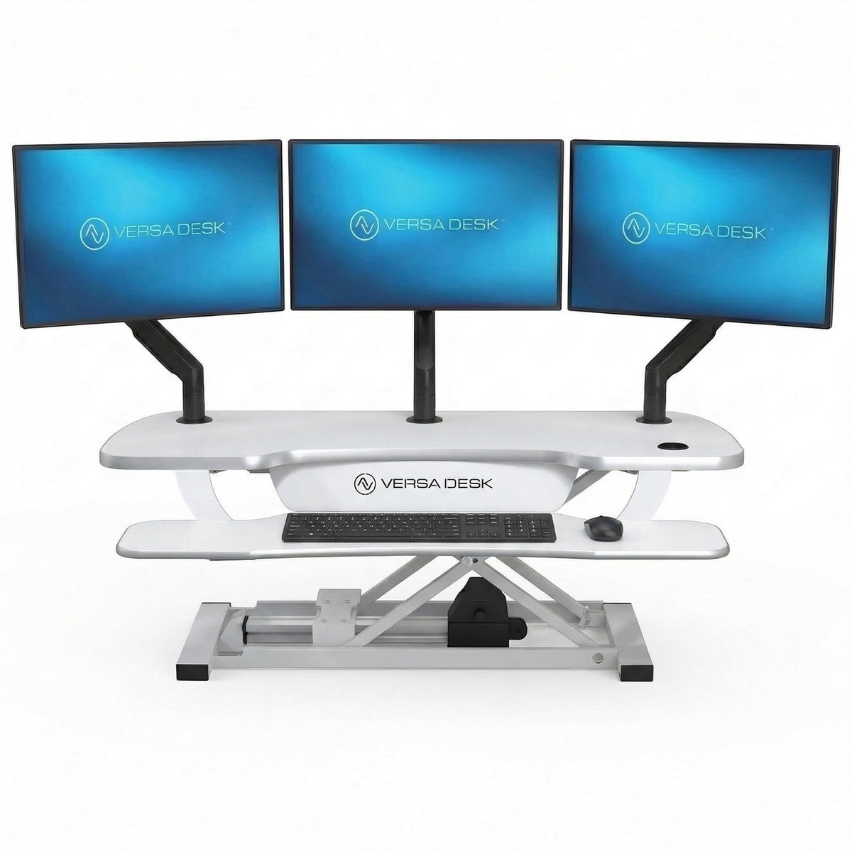PowerPro 40 Inch Electric Standing Desk Converter – Push-Button Height Adjustable Sit to Stand Desk Riser for Triple Monitors & Laptop – Motorized Desktop Workstation with Wide Keyboard Tray