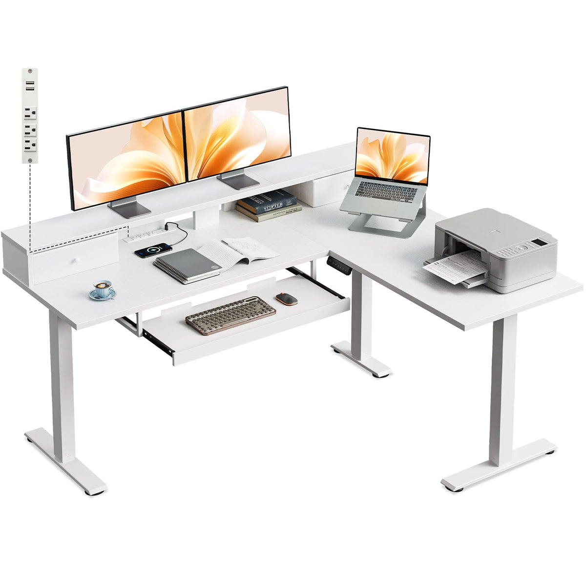 Casaottima 63 Inch L Shaped Electric Standing Desk, Home Office, White