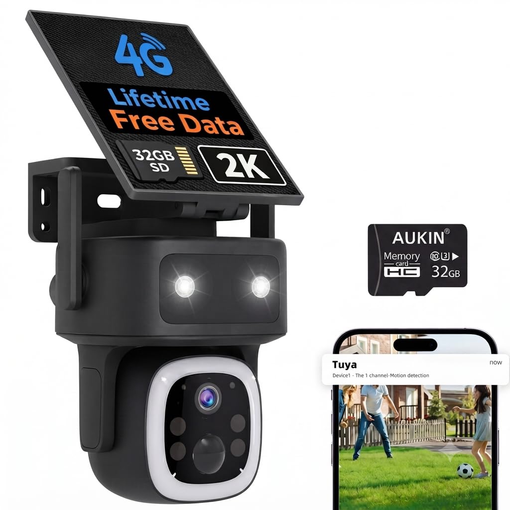 Lifetime Free Data & No Monthly Fee 4G LTE Solar Cellular Security Camera Outdoor Wireless,No WiFi Needed, 360° PTZ, 2K Full Color Night Vision, Human Tracking, 2-Way Audio, 32GB SD Card, IP66-White
