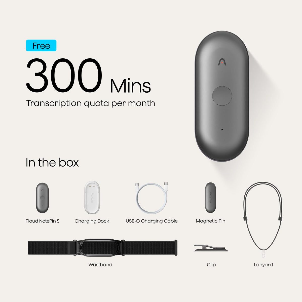 Plaud NotePin S AI Voice Recorder, Capture, Understood, Done, Black