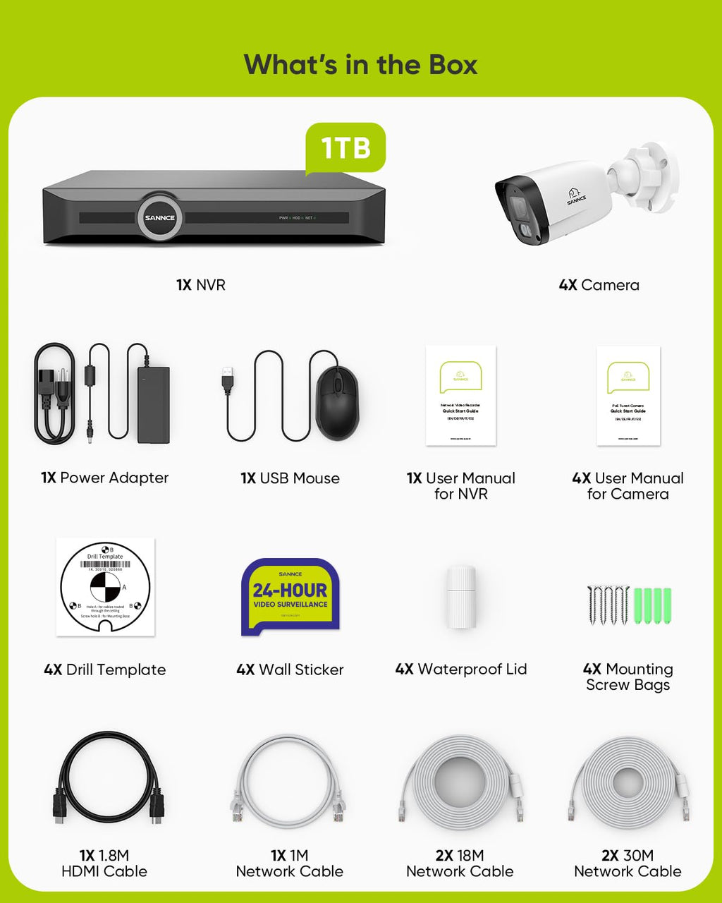 SANNCE 2K 3MP PoE Camera System - NVR with 4PCS Bullet Cameras(1TB HDD)
