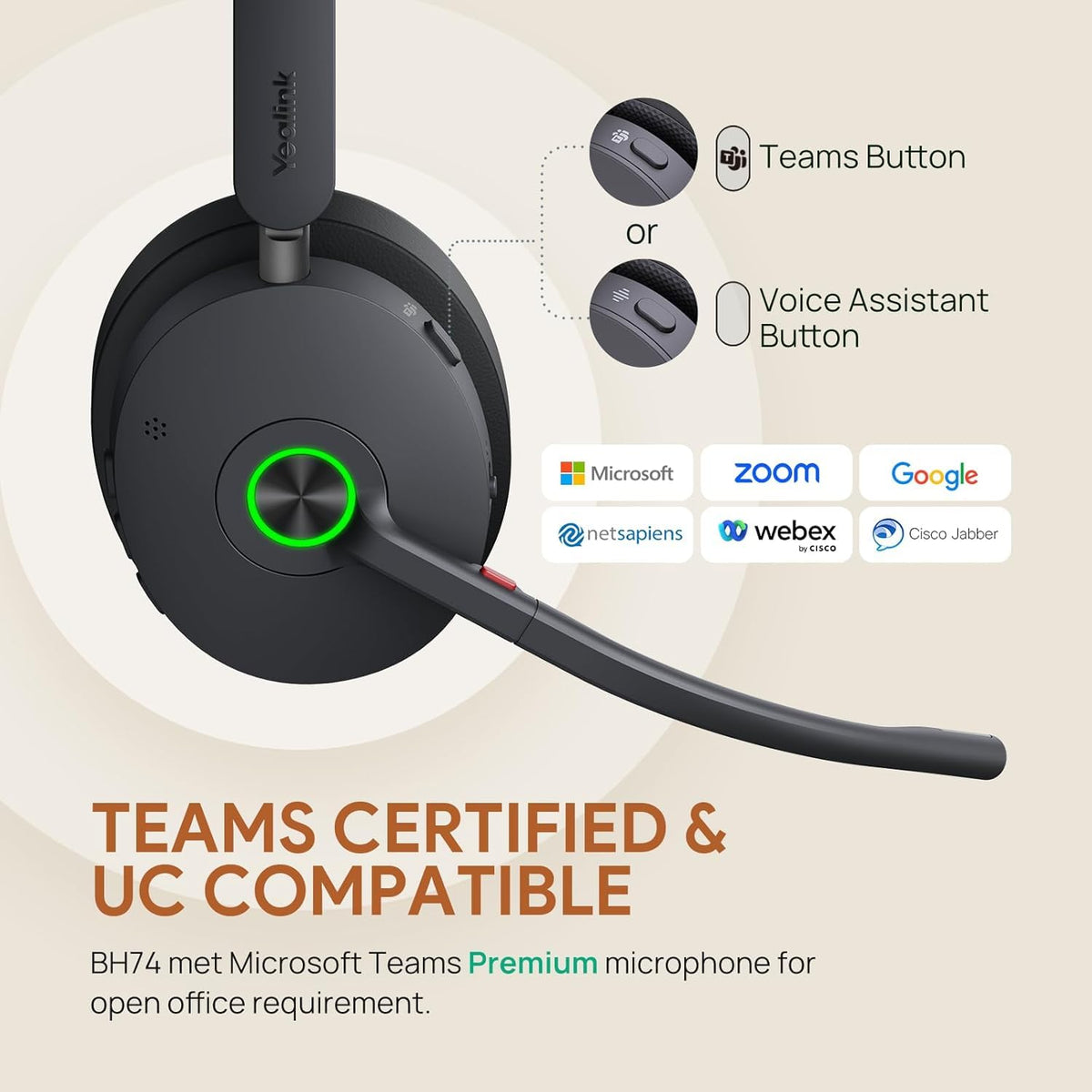 Yealink Headset BH74 Bluetooth Wireless On-ear, Acoustic Shield Mic & Hybrid ANC, Long Battery, All-Day Comfort, Dual Busylight, Teams Certified, Ideal for Office, Remote, and On-the-Go with Cloth