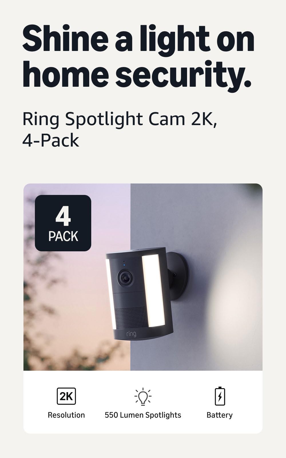 Ring Spotlight Cam 2K (newest model), Battery, Home or business security, Wide-Angle Retinal 2K Video, 6x Enhanced Zoom, Motion-Activated Spotlights, White