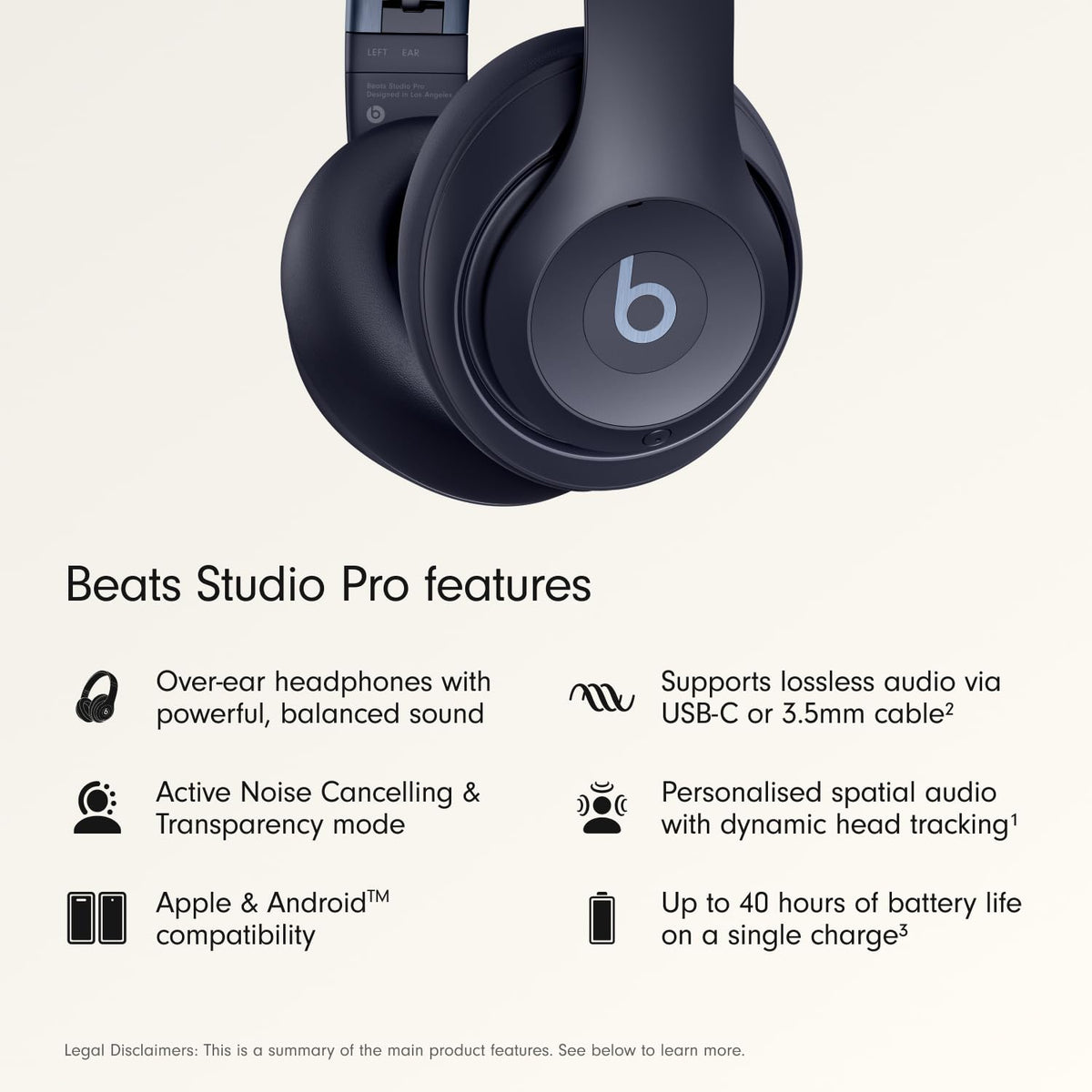 Beats Studio Pro Premium Wireless Over-Ear Headphones- Up to 40-Hour Battery Life, Active Noise Cancelling, Great for Travel & Commuting, USB-C Lossless Audio, Apple & Android Compatible - Navy