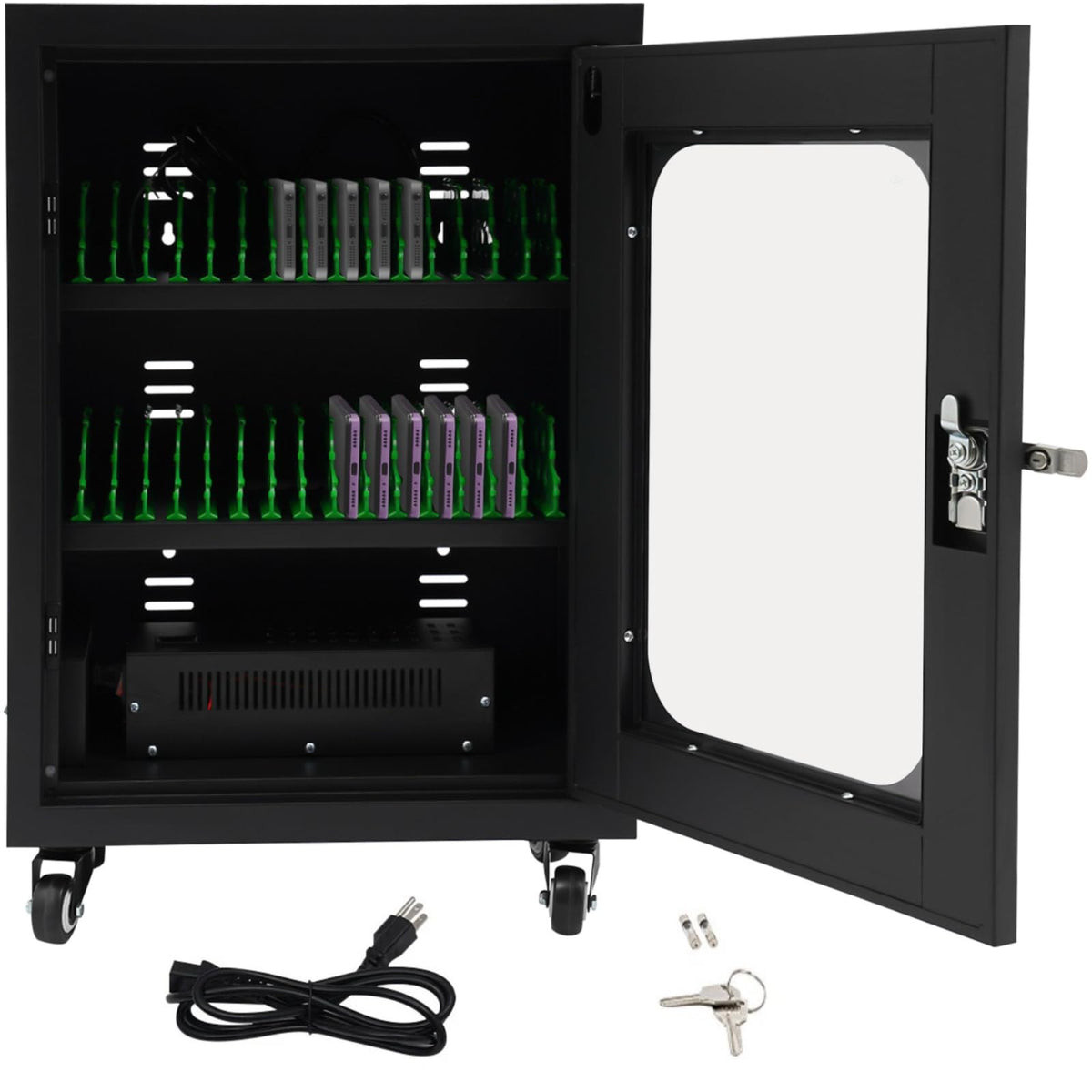 30 Units of Mobile Phone Charging Stations with 2 Keys & Wheels, Mobile Phone Charging Cabinet, Cellphone USB Charging Cart, Rechargeable Cell Phone Locker for Classroom, Office (Black, 30 Slots)