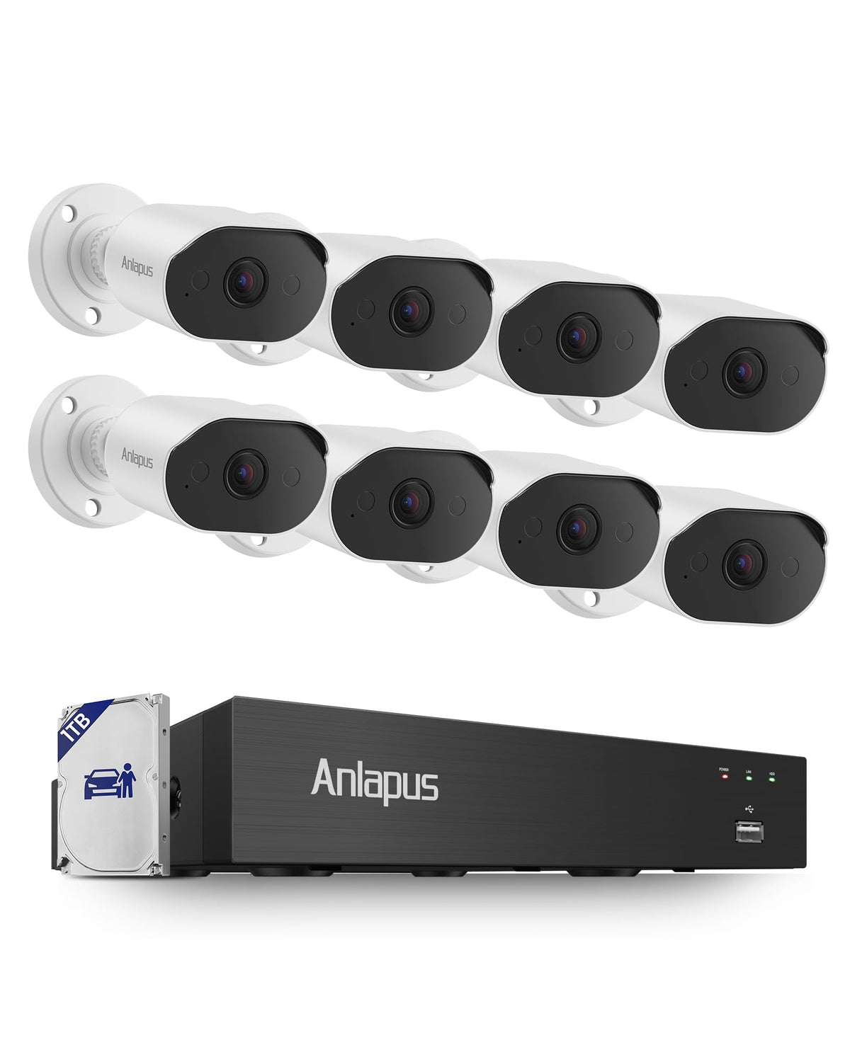 Anlapus 8CH 4K Security Camera System with Audio, 8pcs 8MP Wired CCTV Cameras Outdoor Indoor, AI Person/Vehicle Detection, Night Vision, H.265+ DVR with 1TB Hard Drive, 24/7 Recording, No Monthly Fee