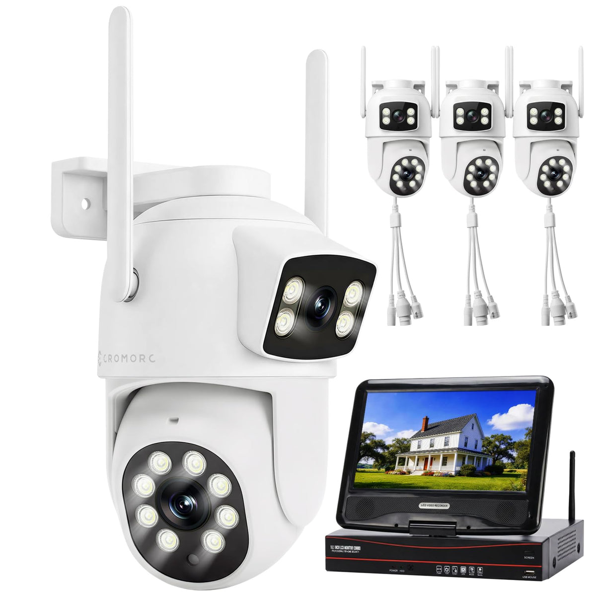 Expandable 10CH NVR Wireless Security System 10.1" Monitor, 4 Dual Lens PTZ 4MP Camera, Humanoid Motion Detection, Spotlight, Siren Alarm, 2-Way Audio, in/Outdoor, 1TB HDD, Color Night Vision