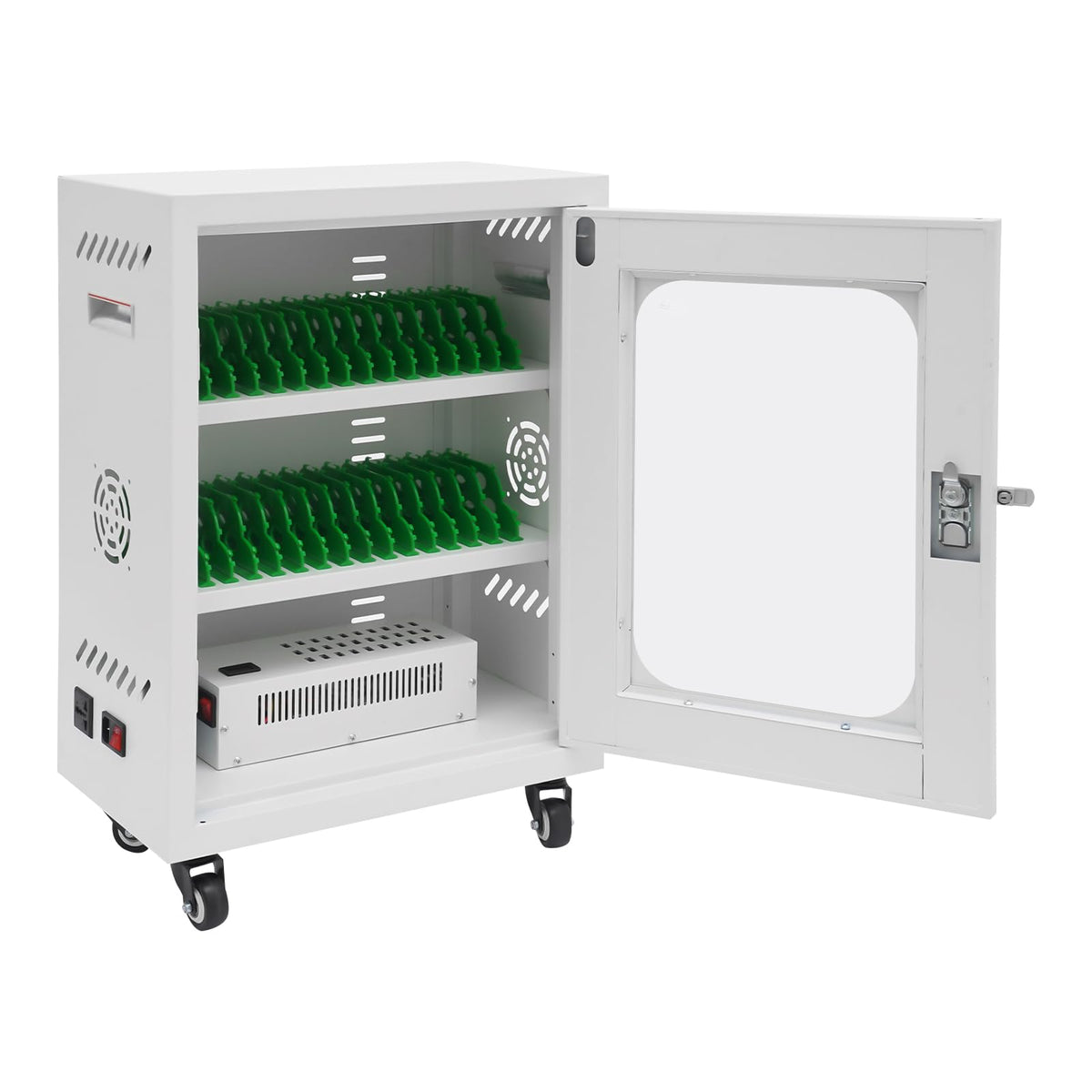 30 Unit Cell Phone Charging Cabinet, Lockable Steel Cellphone Charging Stations Fits 8" Cell Phones, 300W Multi-Device Charging Storage Box with 2 Keys for Library, Office & Classroom (Black)
