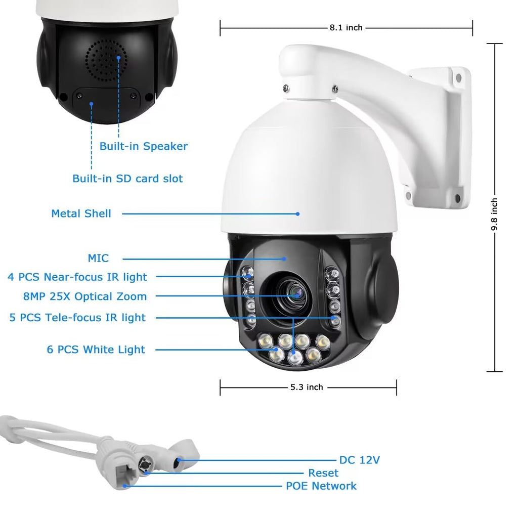 8MP 4K 25X optical 5.3-130mm Auto Tracking Outdoor PTZ Camera PoE IP wired Human Vehicle Detect Security Camera with 298ft IR,Floodlight color Night View,2-Way Audio alarm,Preset,NVR,Mobile App,360Pan