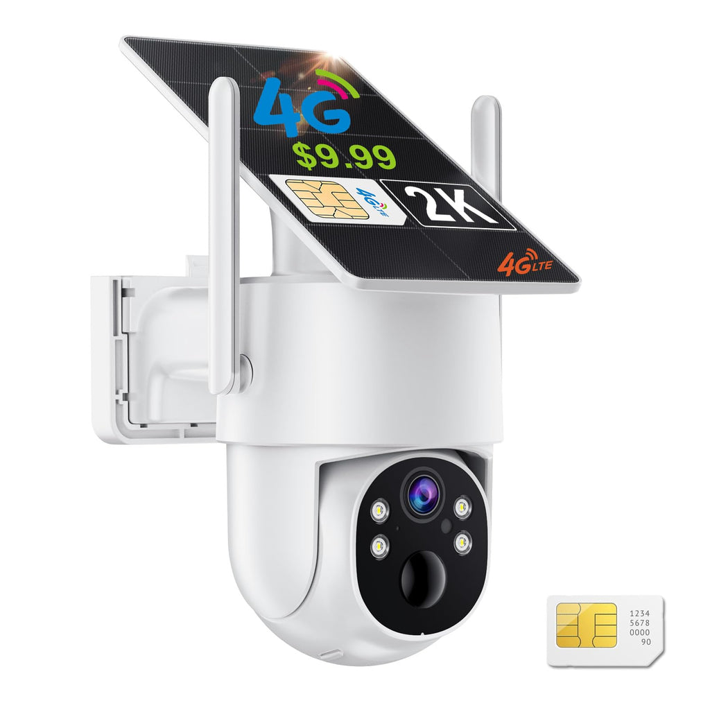 VSKY 4G Cellular Security Camera, Lifetime Free Unlimited Data, 2K Pan Tilt