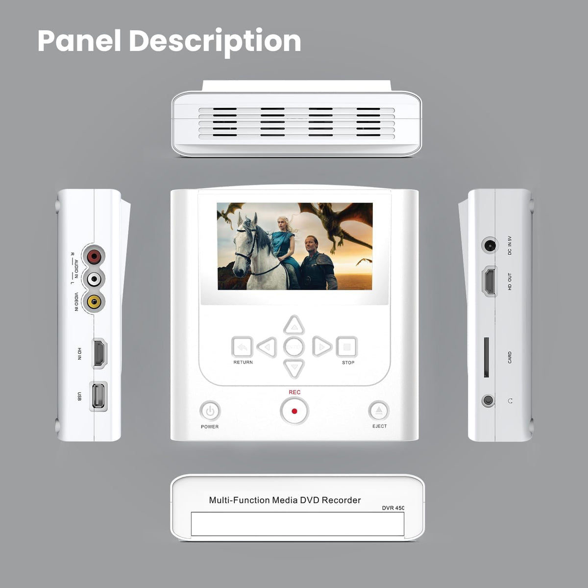 VHS to DVD Recorder, VCR to DVD Recorder-Convert Photos and Videos Between VHS,VCR,Memory Card，DVD and USB. Phone can use a Free App to Burn Videos and Photos, Also has TV Recording Function (White)