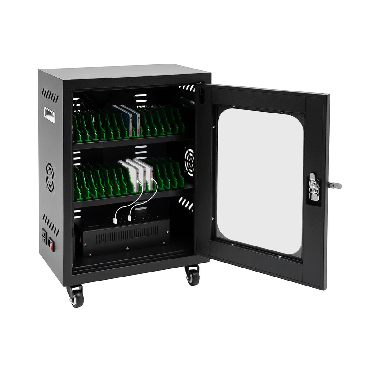 30 Unit Cell Phone Charging Cabinet, Lockable Steel Cellphone Charging Stations Fits 8" Cell Phones, 300W Multi-Device Charging Storage Box with 2 Keys for Library, Office & Classroom (Black)