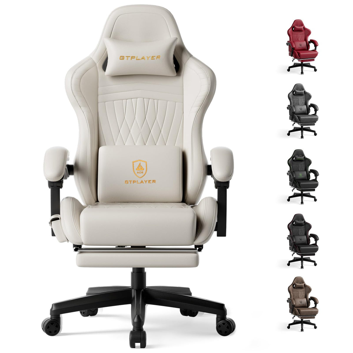 GTPLAYER Gaming Chair with Speakers ACE-PRO, Computer Video Game Chairs with Footrest for Adults, Built-in Speakers, App Support & Bluetooth Control, Ergonomic Reclining Silla, Linkage Armrest, Ivory