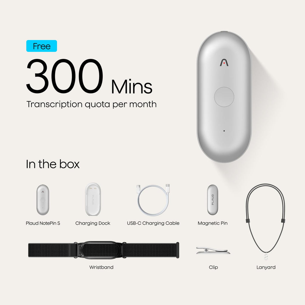 Plaud NotePin S AI Voice Recorder, Capture, Understood, Done, Silver