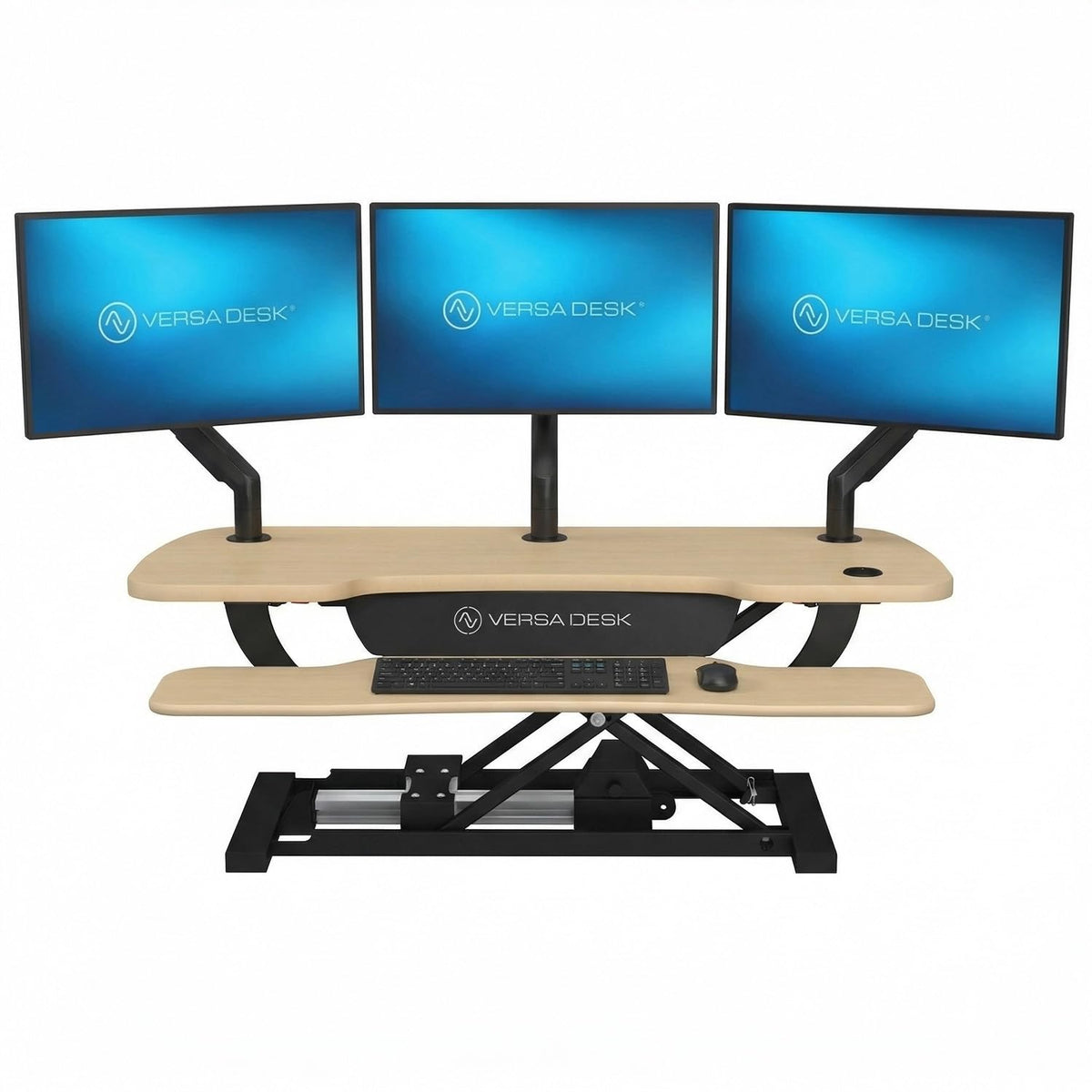 PowerPro 40 Inch Electric Standing Desk Converter – Push-Button Height Adjustable Sit to Stand Desk Riser for Triple Monitors & Laptop – Motorized Desktop Workstation with Wide Keyboard Tray