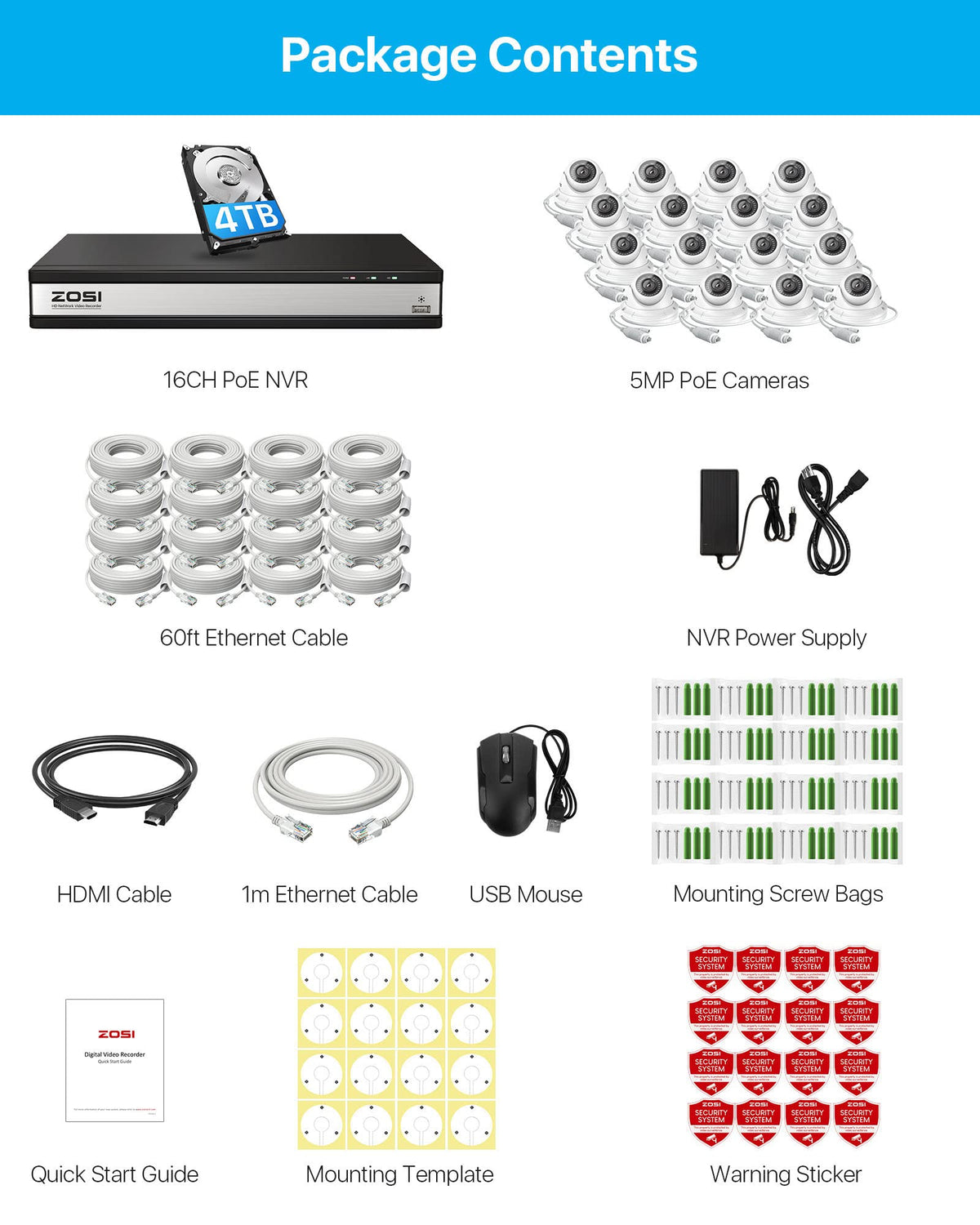 ZOSI 4K 16CH POE Security Camera System with 4TB HDD, 16pcs 5MP Metal Cams