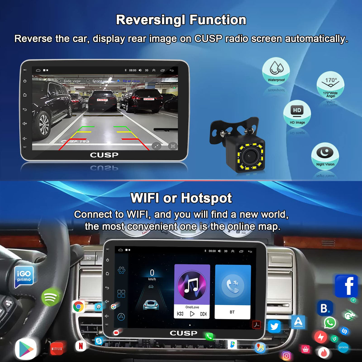 CUSP 10.1 Inch Android Car Stereo Radio, Double Din Touchscreen Head Unit with Wireless CarPlay Android Auto, 1280×720 QLED Display,GPS Navigation,Bluetooth,WiFi,DSP,SWC,Backup Camera,Manual Rotation
