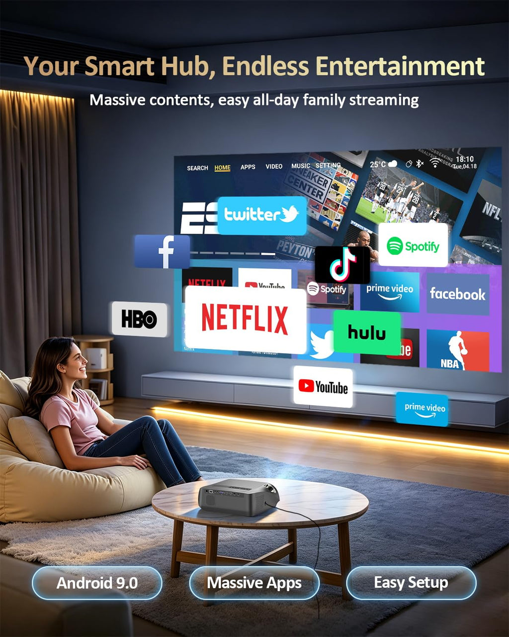 Smart Projector True 1800ANSI Indoor Daylight, 4K HDR Support Home Theater