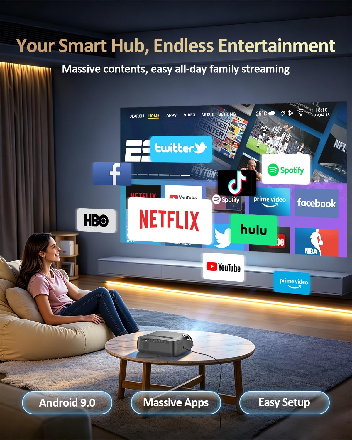Smart Projector True 1800ANSI Indoor Daylight, 4K HDR Support Home Theater