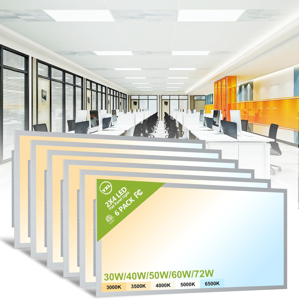 YXL 6 Pack 1x4 LED Flat Panel Light Office Light, 5200LM, 5CCT LED Drop Ceiling Light Fixture, 40W/35W/30W/25W/20W Selectable,6500K/5000K/4000K/3500K/3000K,Dimmable 0-10V,ETL