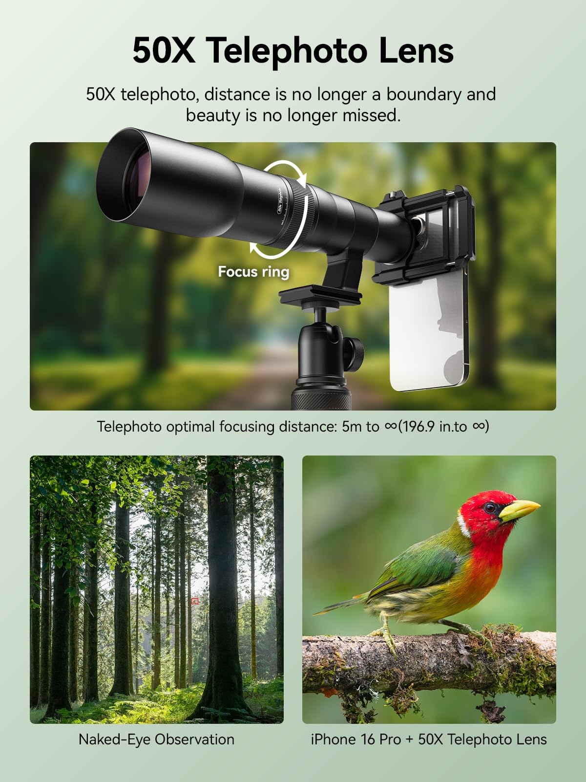 MIAO LAB 50X HD Ultra Telephoto Lens for iPhone and Most Smartphone, with Tripod & Universal Phone Clip, Suitable for Indoor and Outdoor Shooting and Watch Concert, Moon Viewing