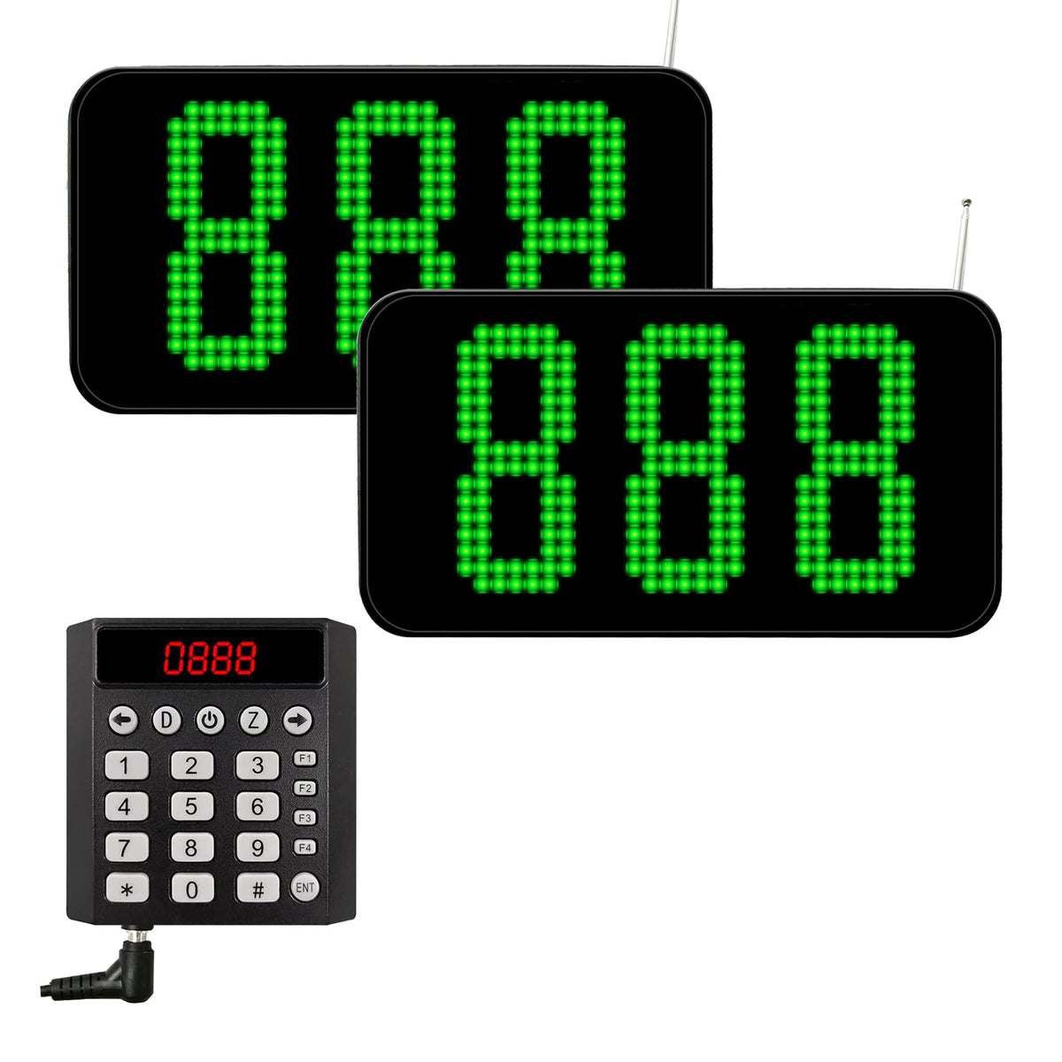 3-Digit Customer Number System Wireless Queue Calling System with 1 Keypad Caller 2 Now Serving Screens Real-Time Display Green Ticket Number for Office Clinic Bank Waiting Line Management